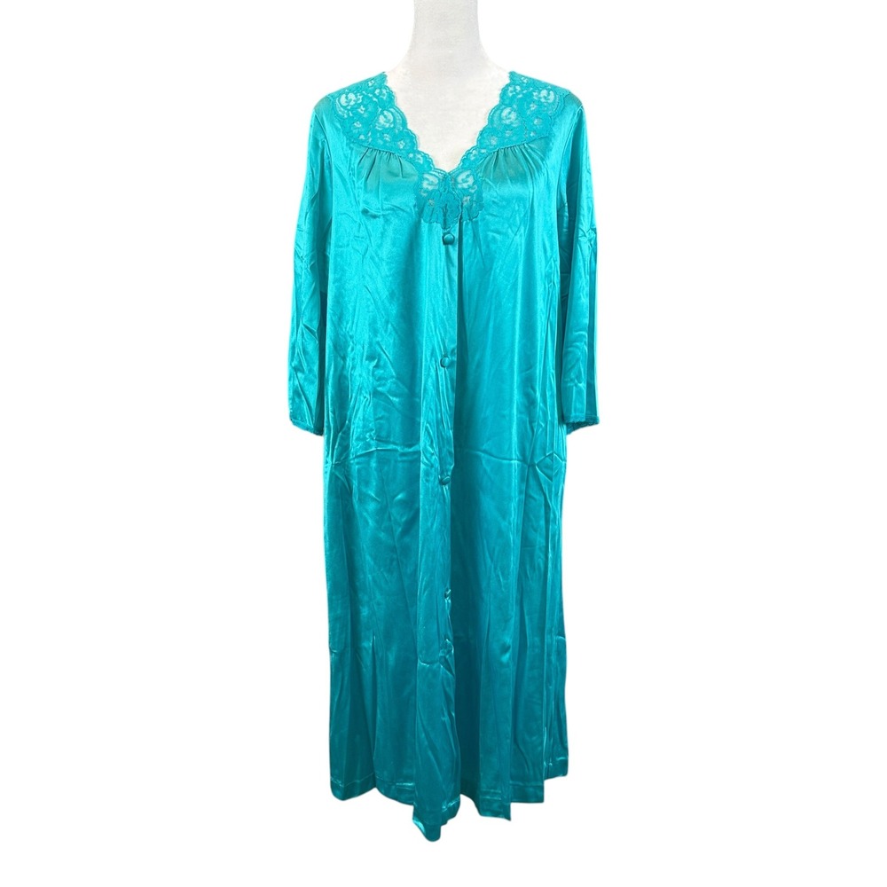 Vintage Vanity Fair Robe Medium Teal Blue Vintage Lace Trim Button Front USA
